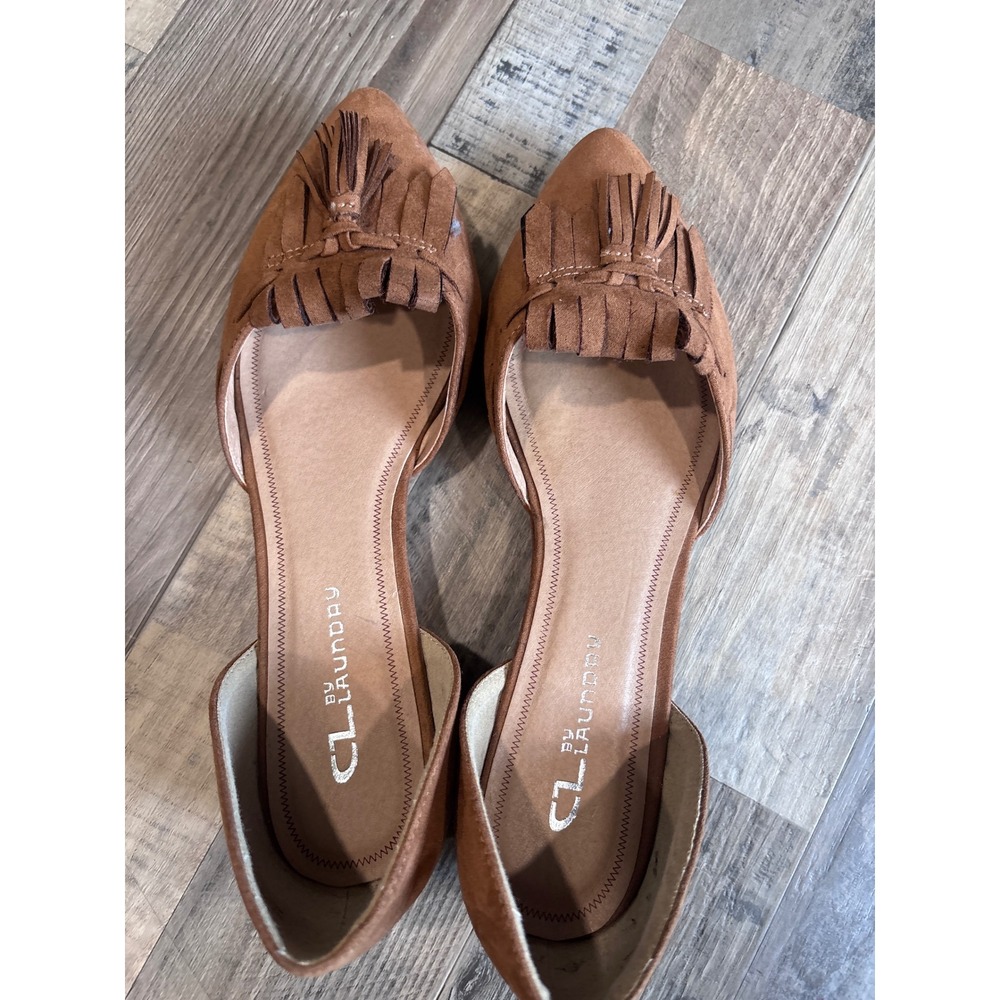CL by Laundry Tan Faux Suede Tassel Fringe Pointed D'Orsay Flat Boho Cowgirl 10